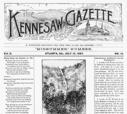 Cover page of the July 15, 1887 edition of the Kennesaw Gazette featuring a story on Amicalola Falls